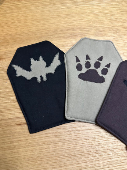 Creature Coffins Mug Rug - Set of 4 | Beginner Sewing Pattern PDF | Appliqué | Scrap Friendly | Halloween