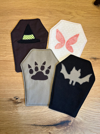 Creature Coffins Mug Rug - Set of 4 | Beginner Sewing Pattern PDF | Appliqué | Scrap Friendly | Halloween