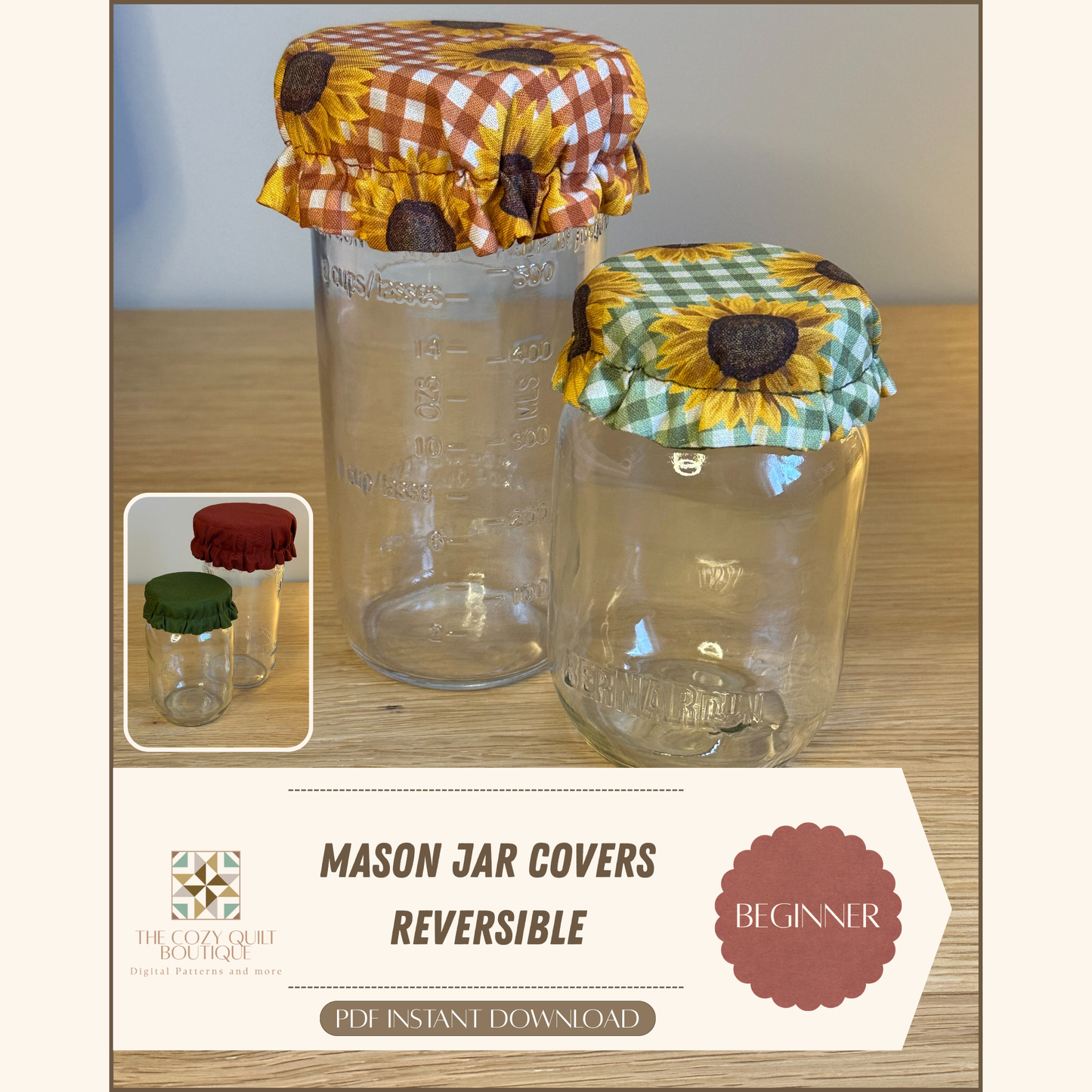 Mason Jar Cover Sewing Pattern PDF | Sourdough Starter Jar Cover | Reusable/Reversible Fabric Lid | Beginner | Instant Download