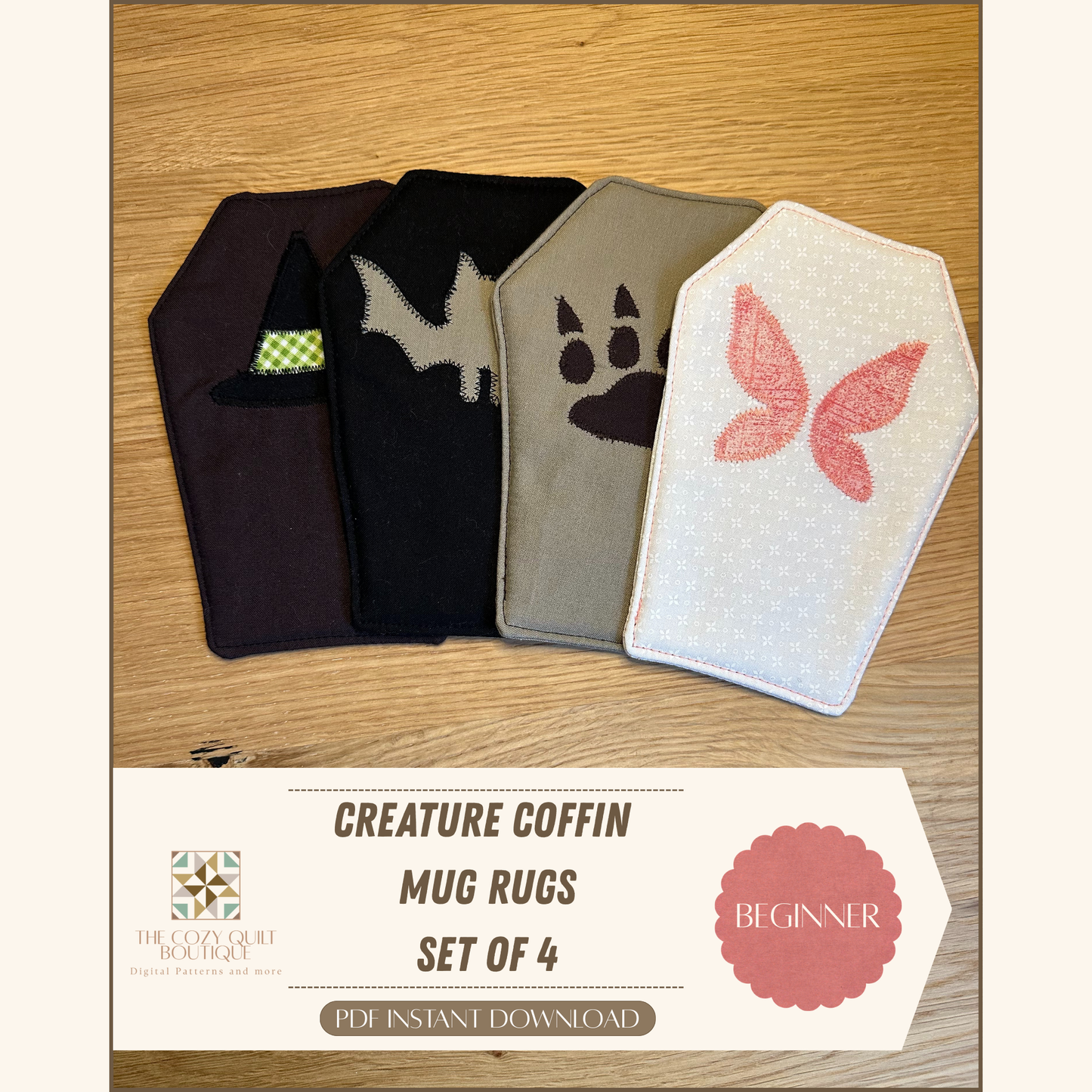 Creature Coffins Mug Rug - Set of 4 | Beginner Sewing Pattern PDF | Appliqué | Scrap Friendly | Halloween