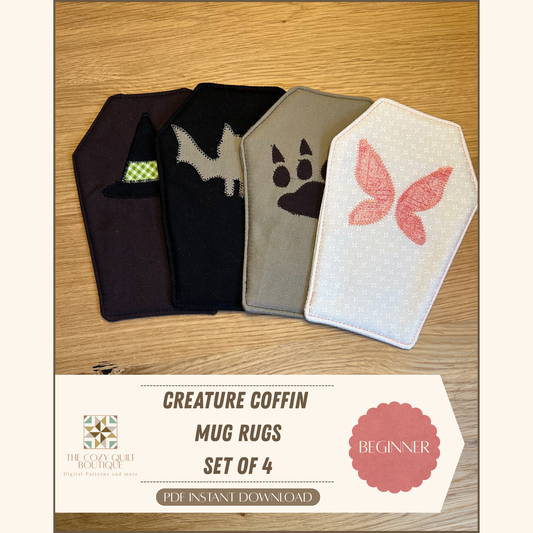Creature Coffins Mug Rug - Set of 4 | Beginner Sewing Pattern PDF | Appliqué | Scrap Friendly | Halloween