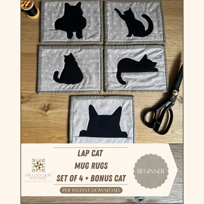 Lap Cats Mug Rug - Set of 4 + Bonus Cat | Beginner Sewing Pattern PDF | Appliqué | Scrap Friendly